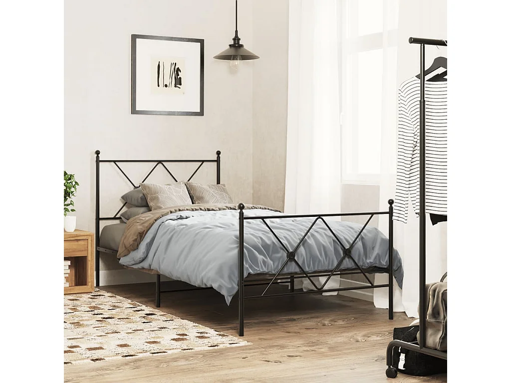 Cadre de lit métal sans matelas avec pied de lit noir 90x190 cm