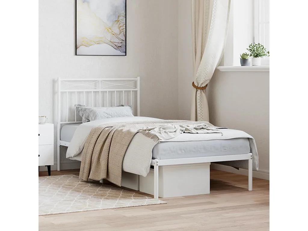 Cadre de lit métal sans matelas avec tête de lit blanc 90x190cm