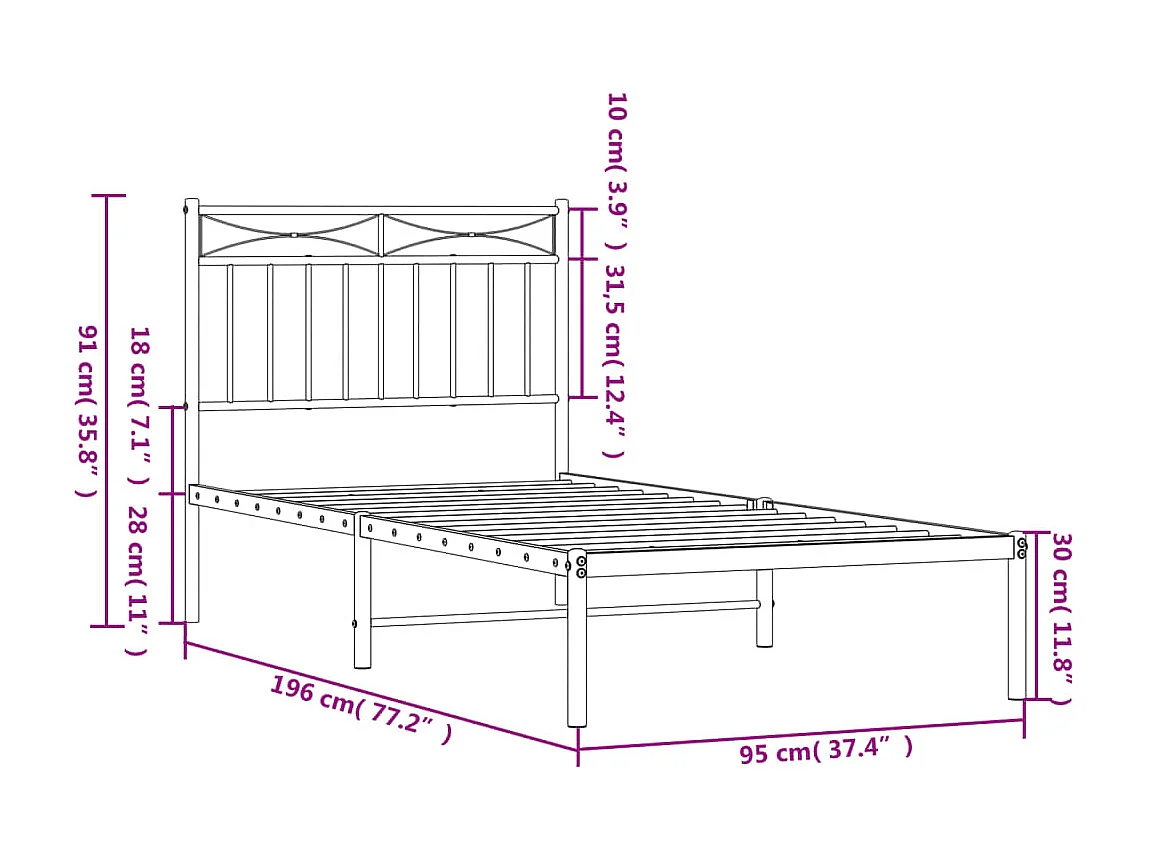 Cadre de lit métal sans matelas avec tête de lit blanc 90x190cm