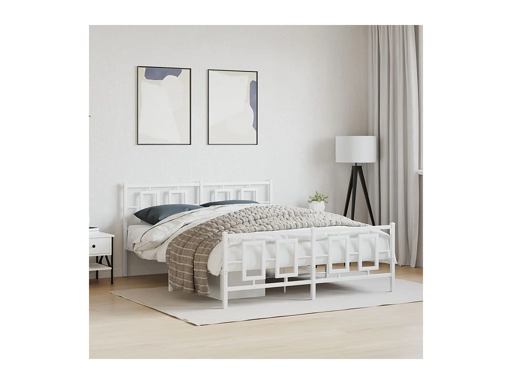 Cadre de lit métal sans matelas et pied de lit blanc 150x200 cm