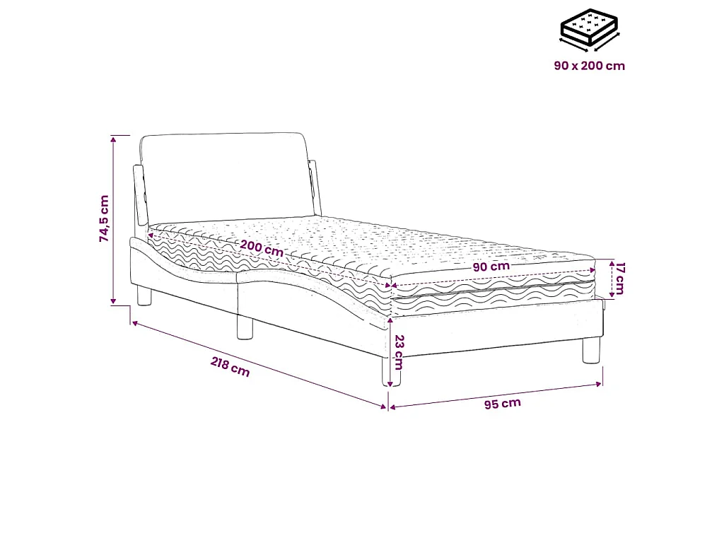 Cama con colchón Dover tela gris claro 90x200 cm