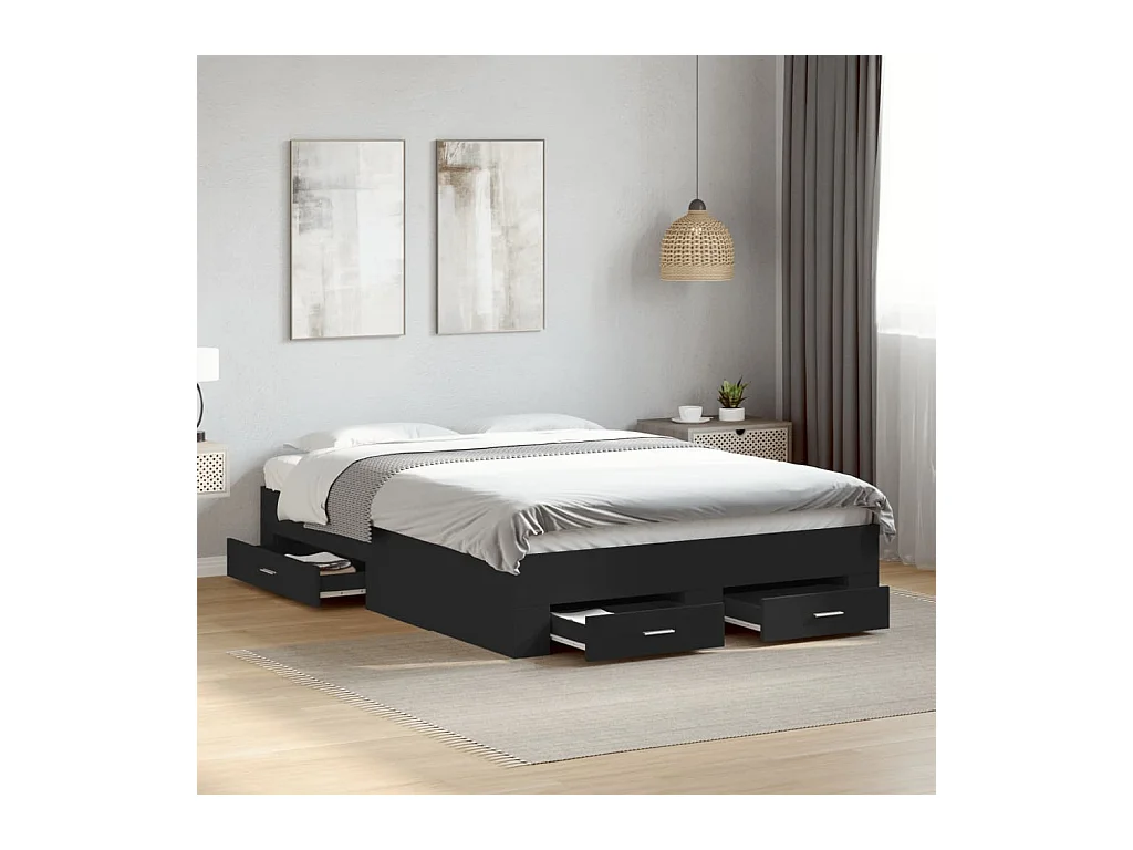 Cadre de lit avec tiroirs sans matelas noir 135x190 cm