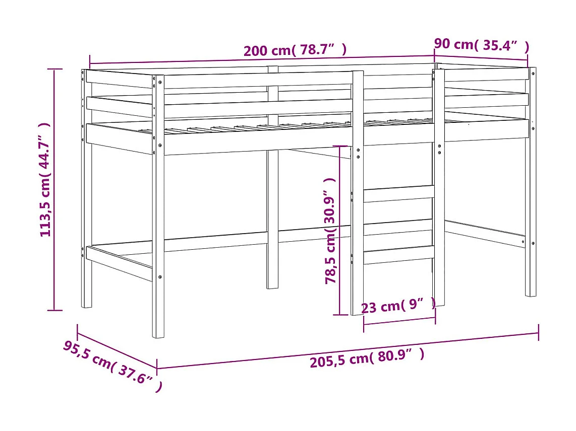 Lit mezzanine enfants avec rideaux sans matelas bleu 90x200cm