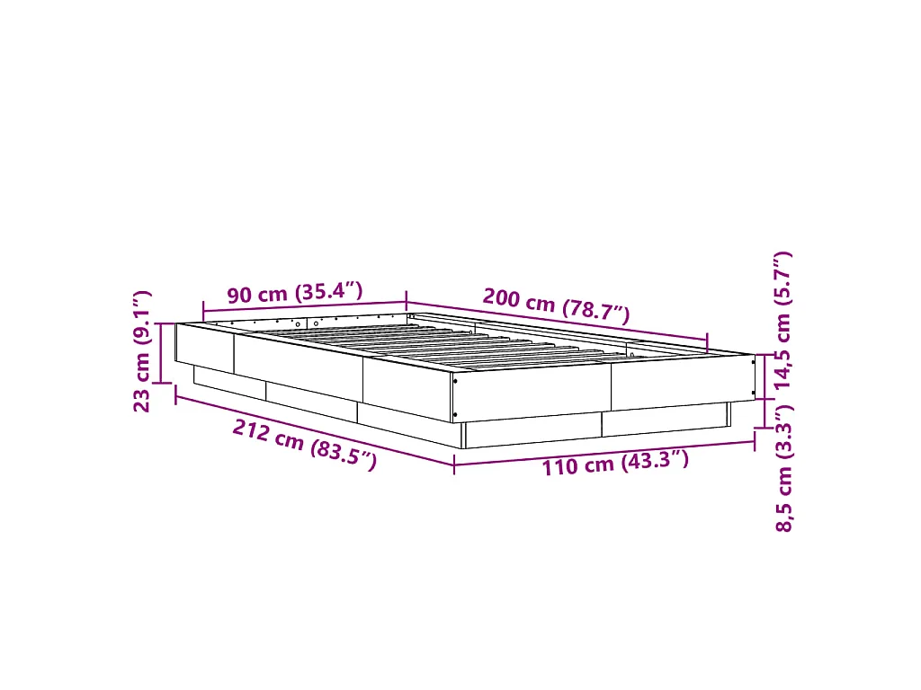 Cadre de lit et lumières LED sans matelas gris béton 90x200 cm