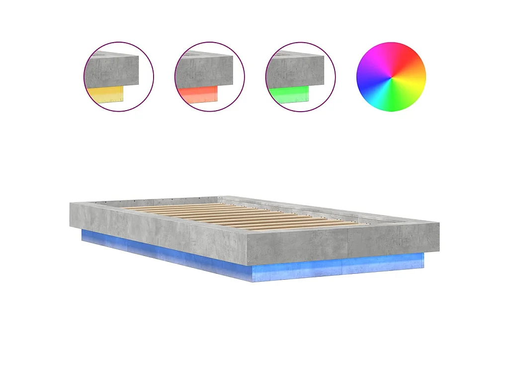 Cadre de lit et lumières LED sans matelas gris béton 90x200 cm