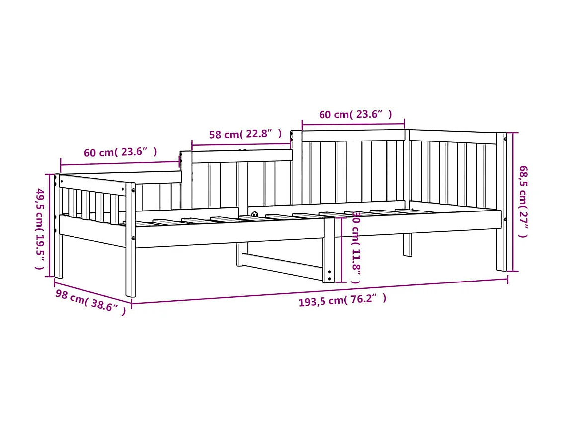 Dormeuse Nera 90x190 cm in Legno Massello di Pino
