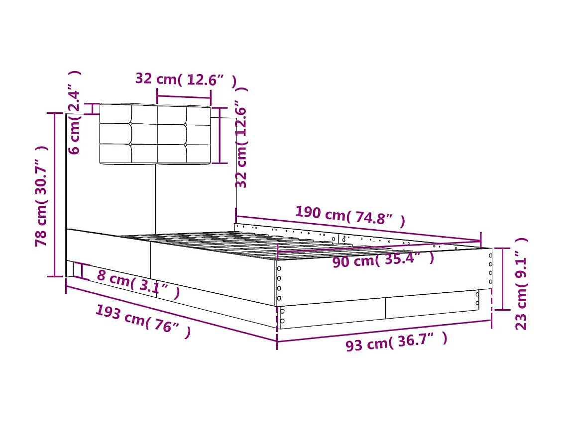 Cadre de lit avec LED sans matelas chêne sonoma 90x190 cm