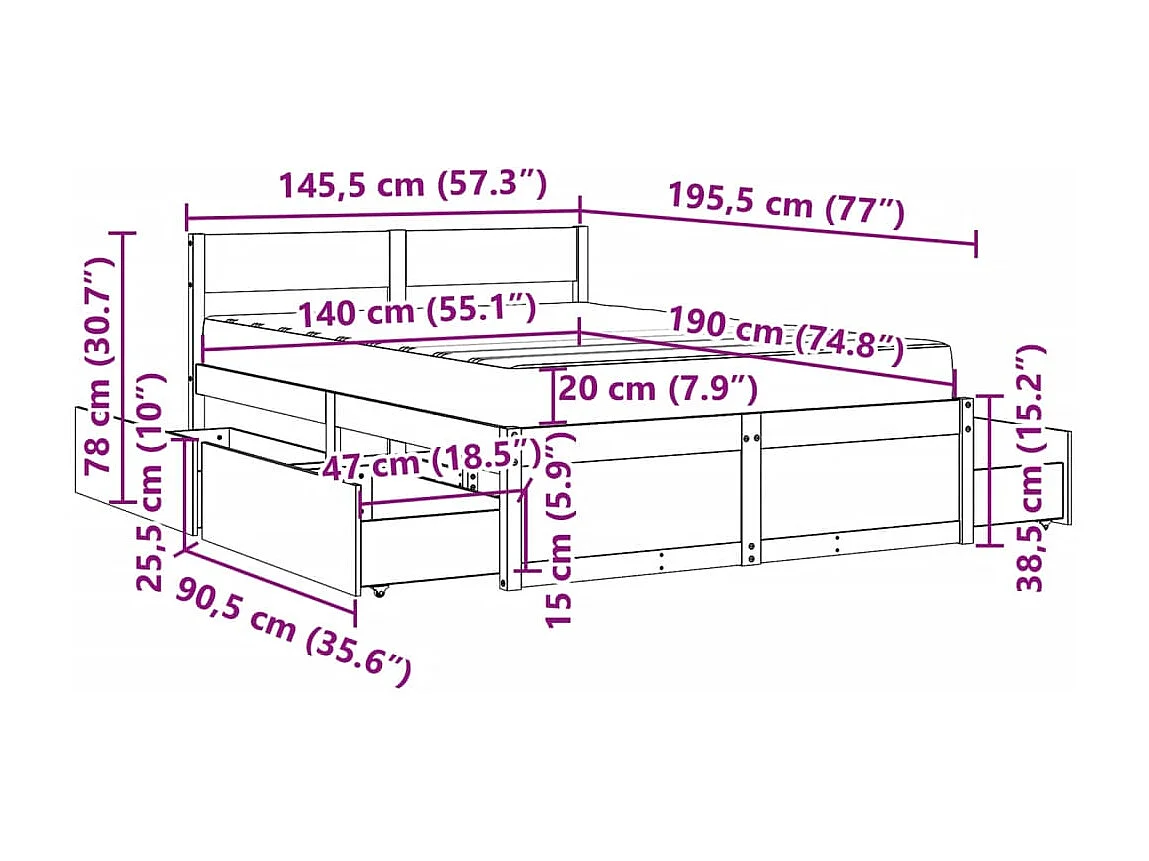 Bed met lades en matras massief grenenhout wit 140x190 cm