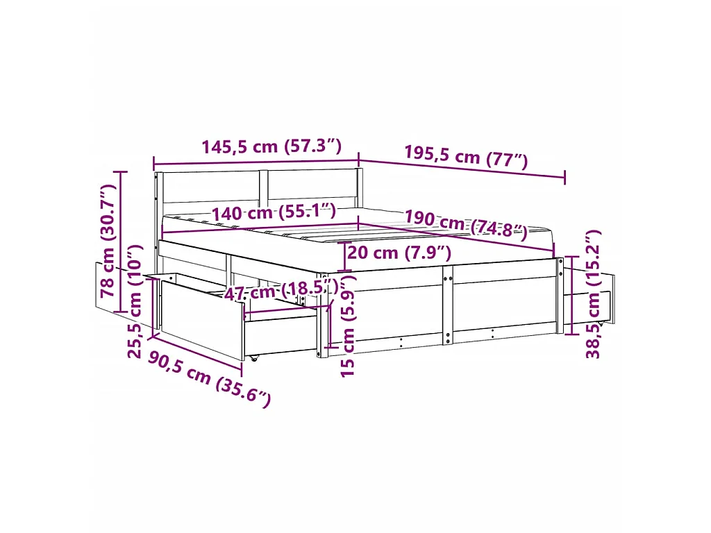 Bett mit Schubladen und Matratze Weiß 140x190 cm Massivholz