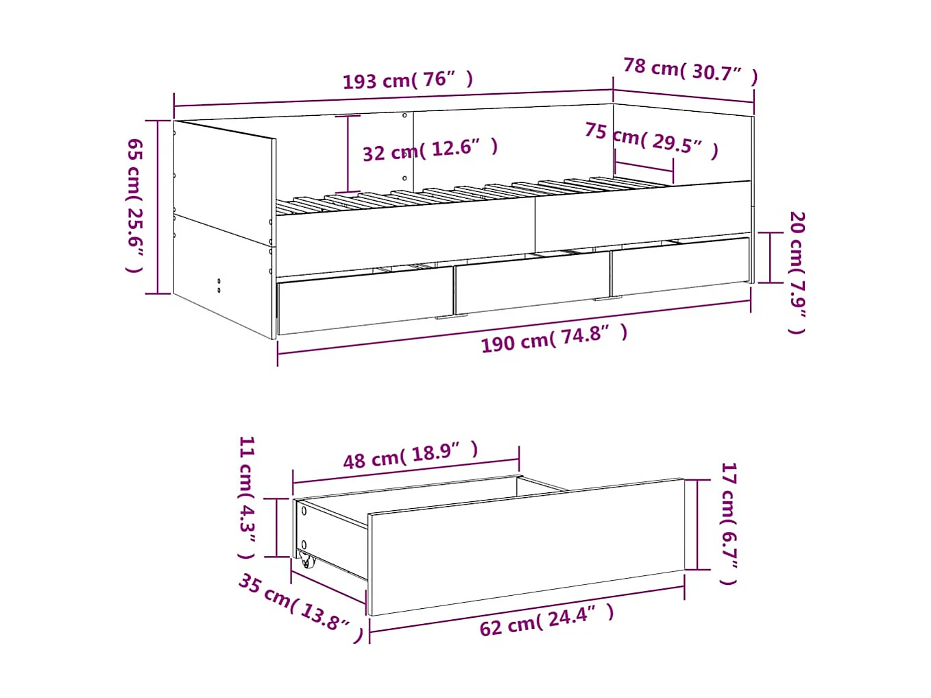 Tagesbett mit Schubladen ohne Matratze Sonoma-Eiche 75x190 cm