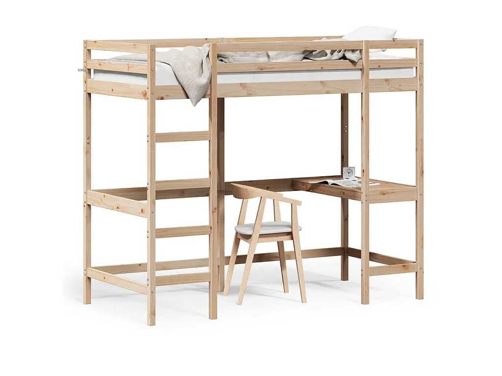 Letto Soppalco con Scrivania 100x200 cm Legno Massello Pino