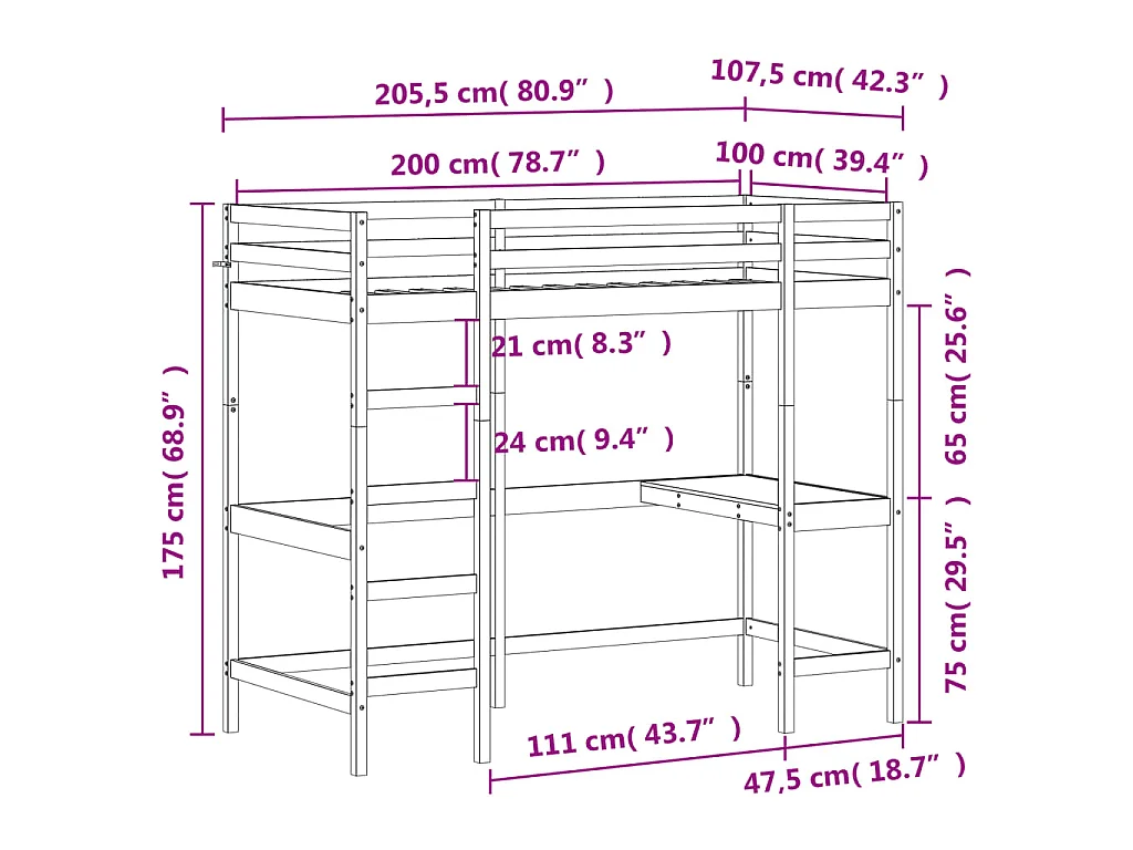 Letto Soppalco con Scrivania 100x200 cm Legno Massello Pino