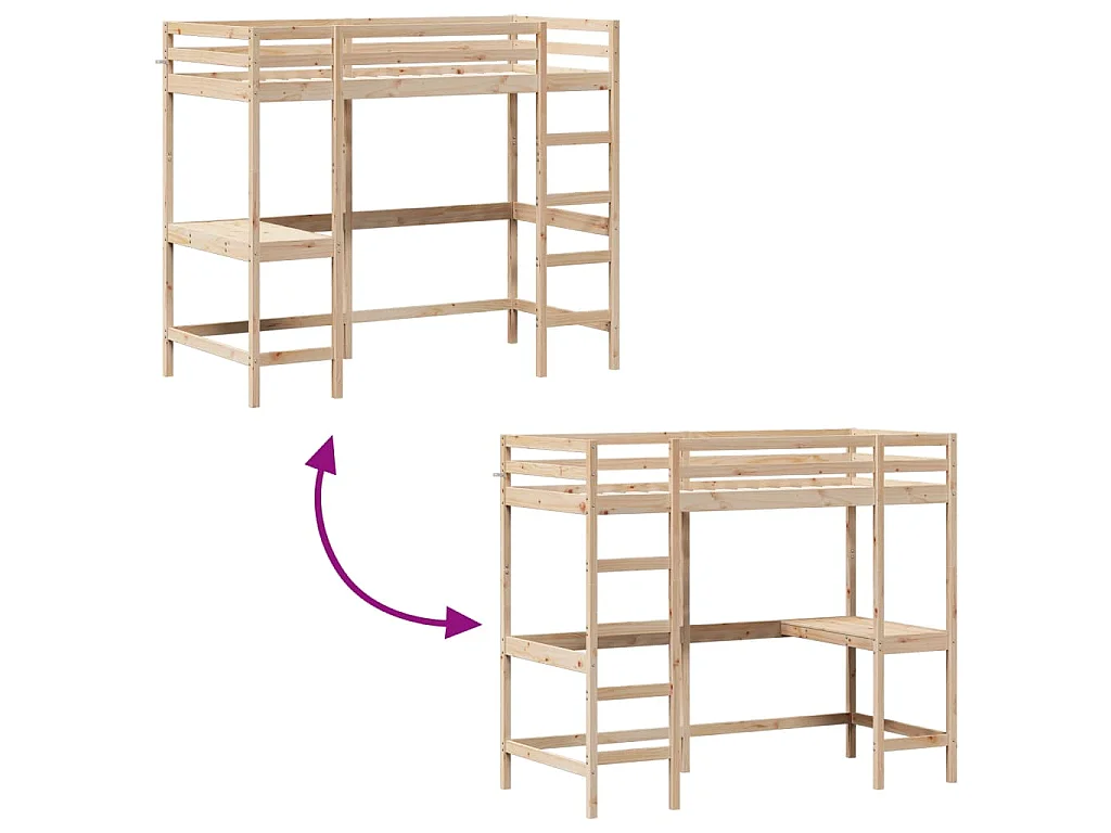 Letto Soppalco con Scrivania 100x200 cm Legno Massello Pino