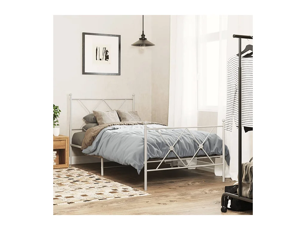 Cadre de lit métal sans matelas avec pied de lit blanc 90x200cm