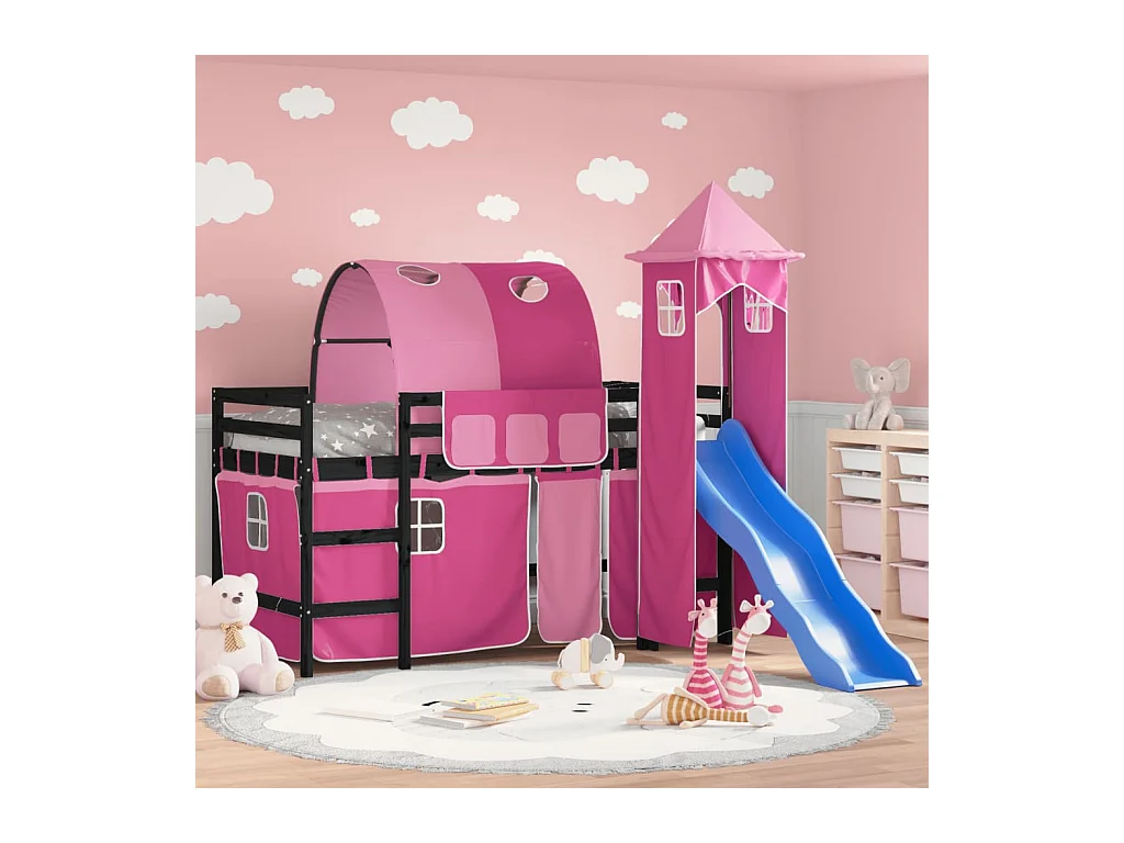 Lit mezzanine enfants avec tour sans matelas rose 80x200 cm