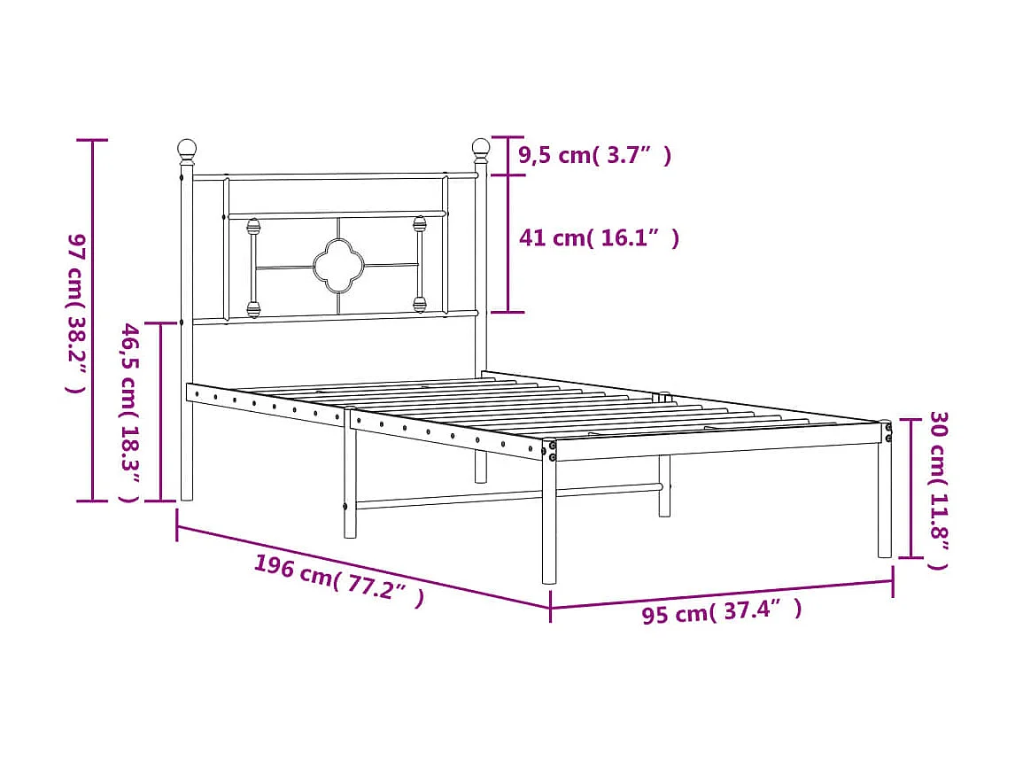 Cadre de lit métal sans matelas avec tête de lit blanc 90x190cm