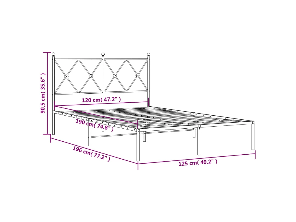 Cadre de lit métal sans matelas et tête de lit blanc 120x190 cm