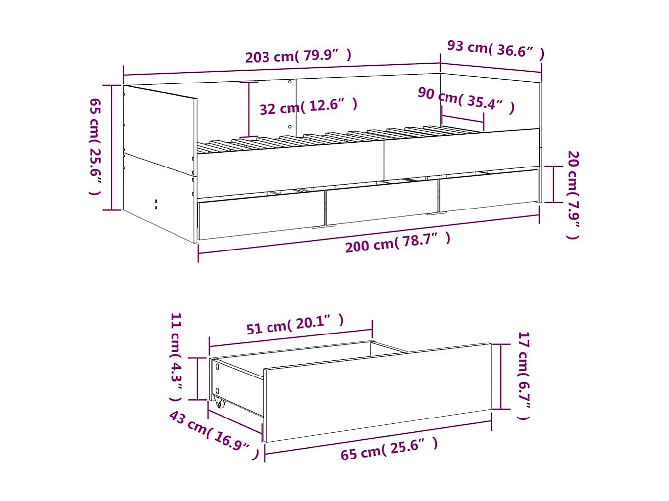 Tagesbett mit Schubladen ohne Matratze Räuchereiche 90x200 cm