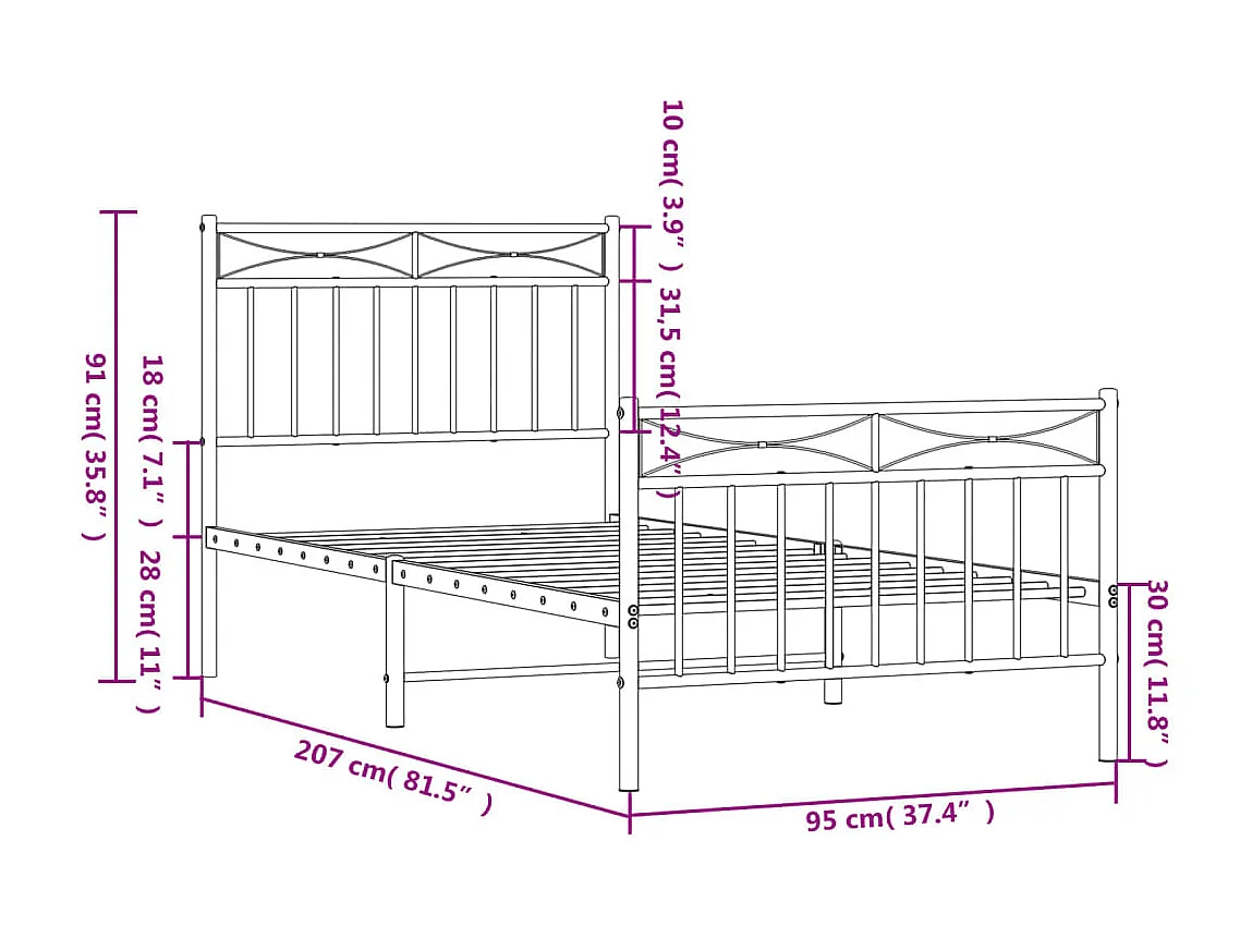 Cadre de lit métal sans matelas avec pied de lit noir 90x200 cm