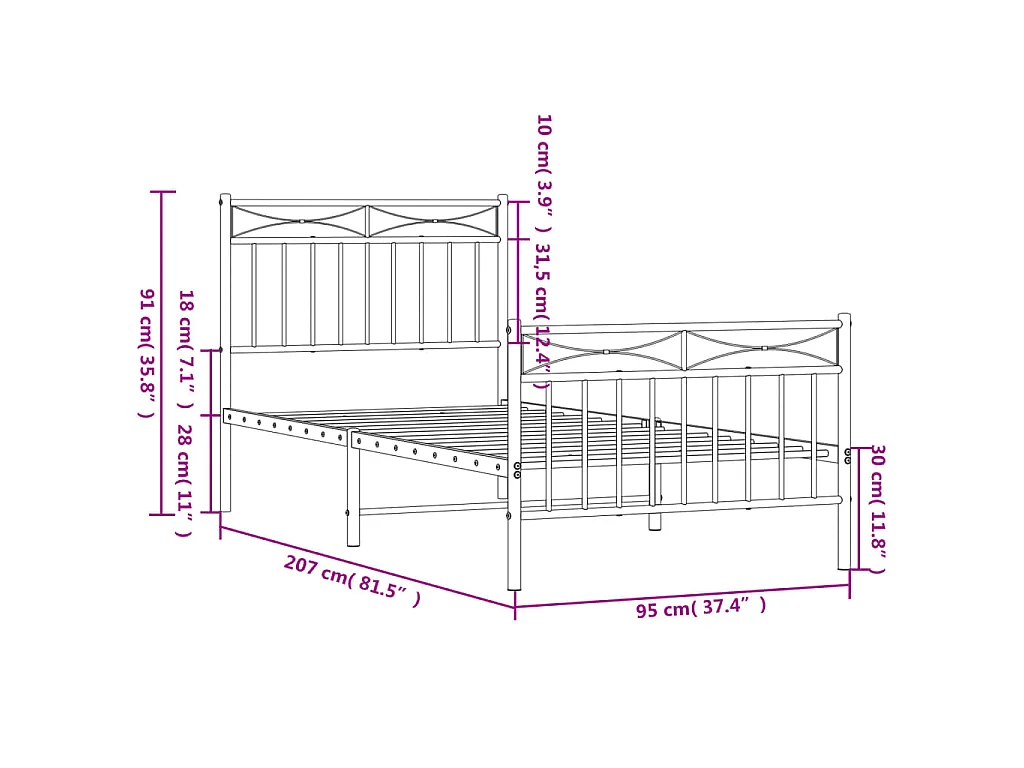 Bettgestell mit Kopf- und Fußteil Metall Schwarz 90x200 cm