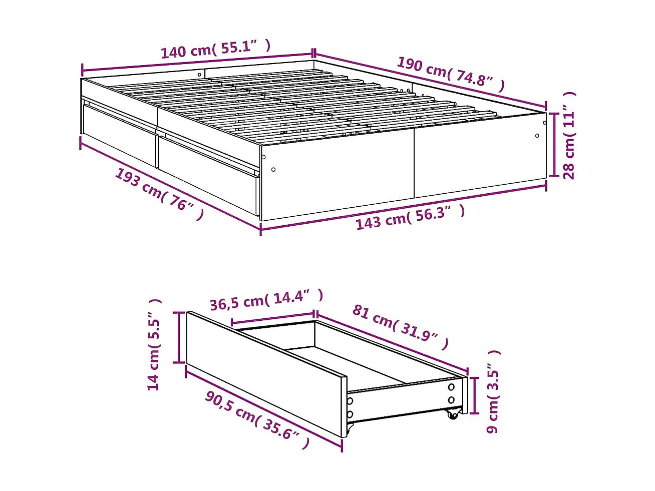 Bedframe met lades bewerkt hout wit 140x190 cm