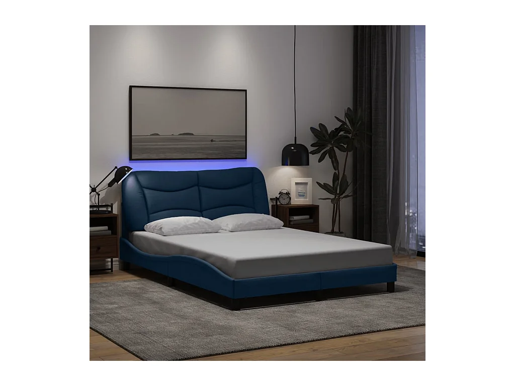 Cadre de lit avec LED sans matelas bleu 140x200 cm tissu
