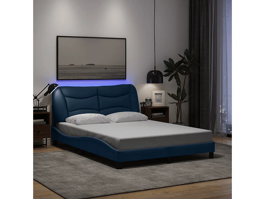 Cadre de lit avec LED sans matelas Hvar bleu 140x200 cm tissu