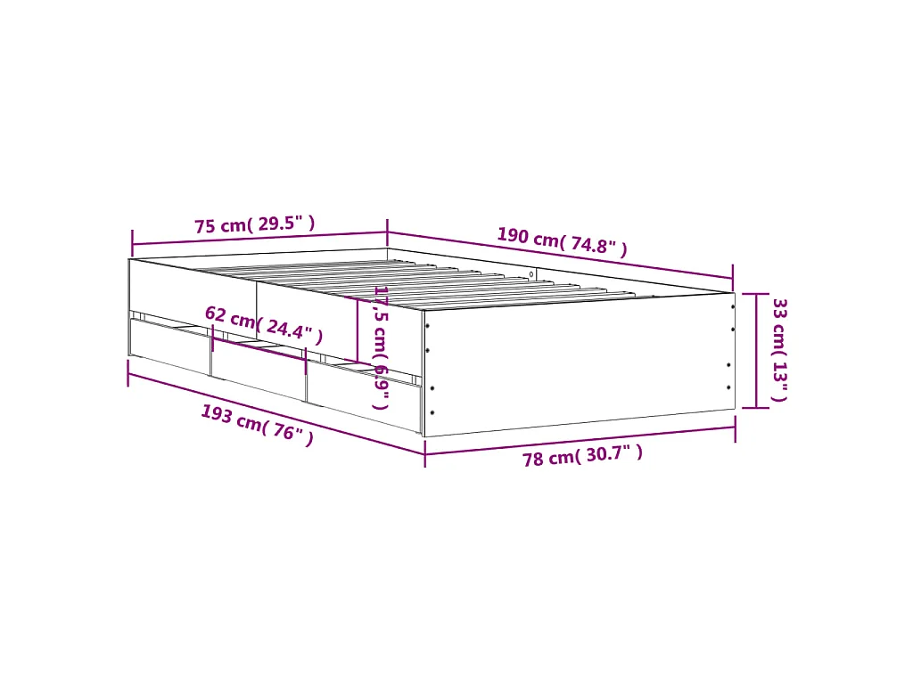 Cadre de lit avec tiroirs sans matelas sonoma gris 75x190 cm