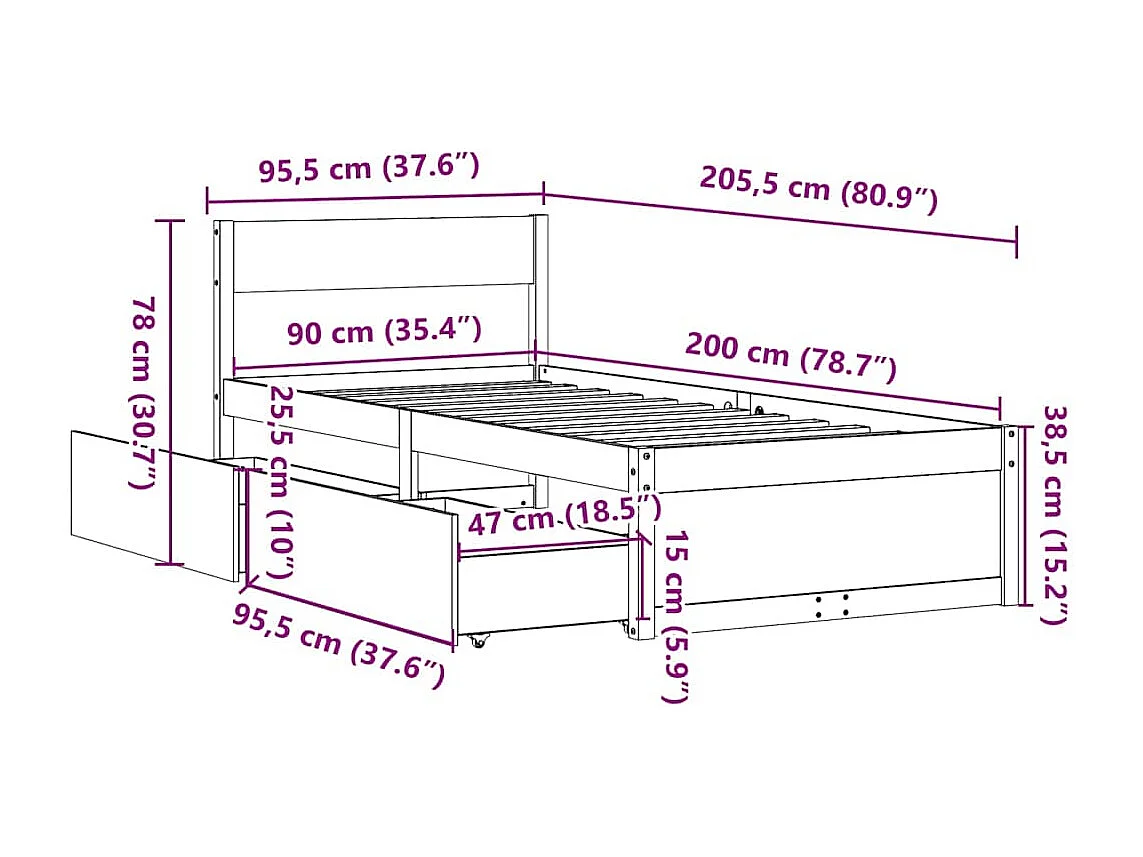 Cadre de lit sans matelas 90x200 cm bois de pin massif