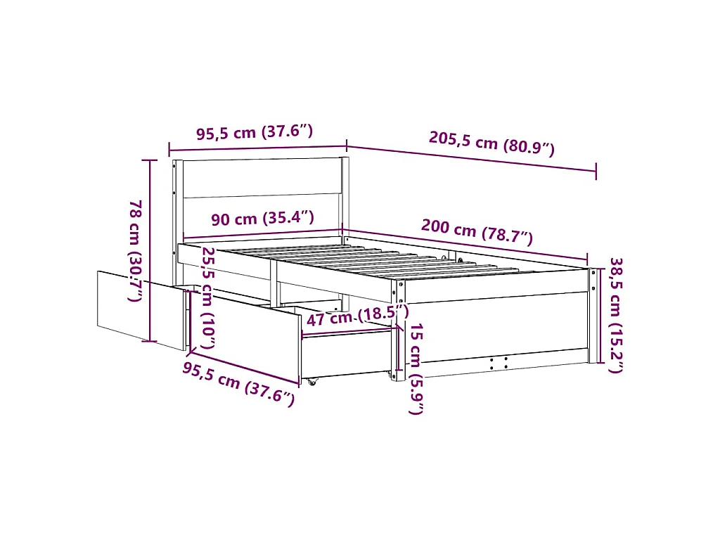 Letto senza Materasso 90x200 cm in Legno Massello di Pino