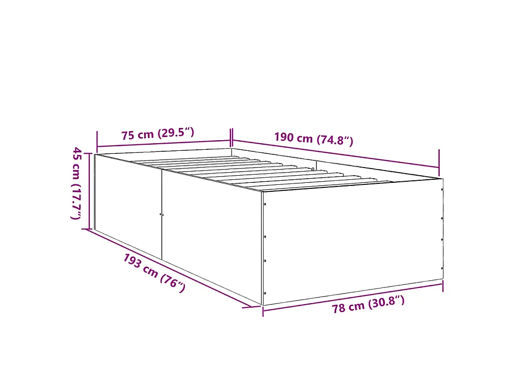 Cadre de lit sans matelas gris béton 75x190 cm