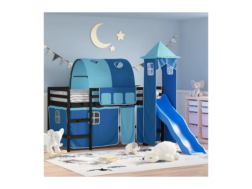 Lit mezzanine enfants avec tour sans matelas bleu 90x190 cm