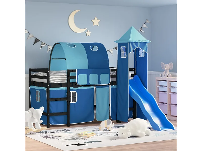 Kinderhoogslaper met toren 90x190 cm massief grenenhout blauw