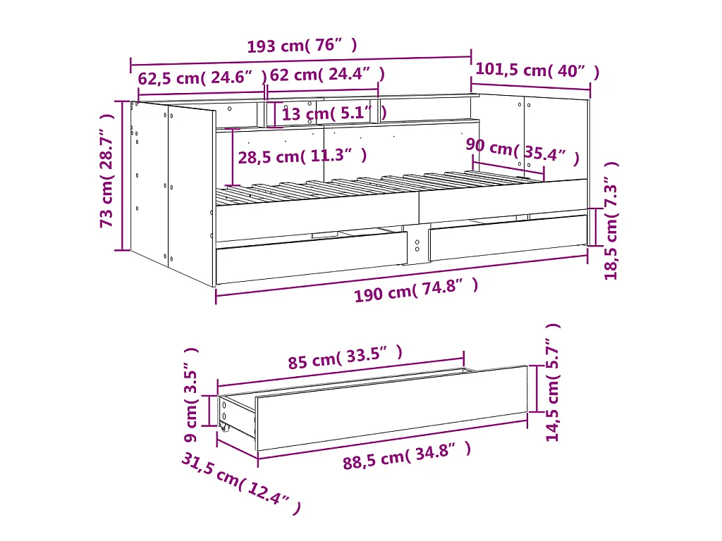 Lit de jour avec tiroirs sans matelas blanc 90x190 cm