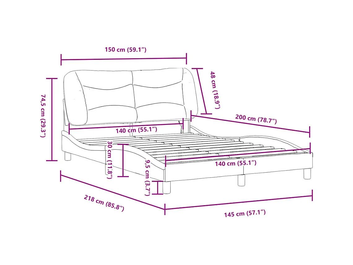 Cadre de lit avec LED sans matelas Hvar noir 140x200 cm tissu