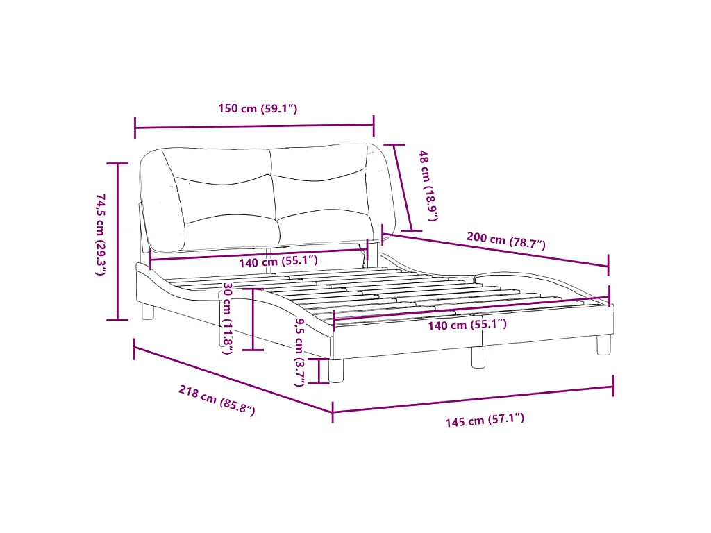 Cadre de lit avec LED sans matelas Hvar noir 140x200 cm tissu