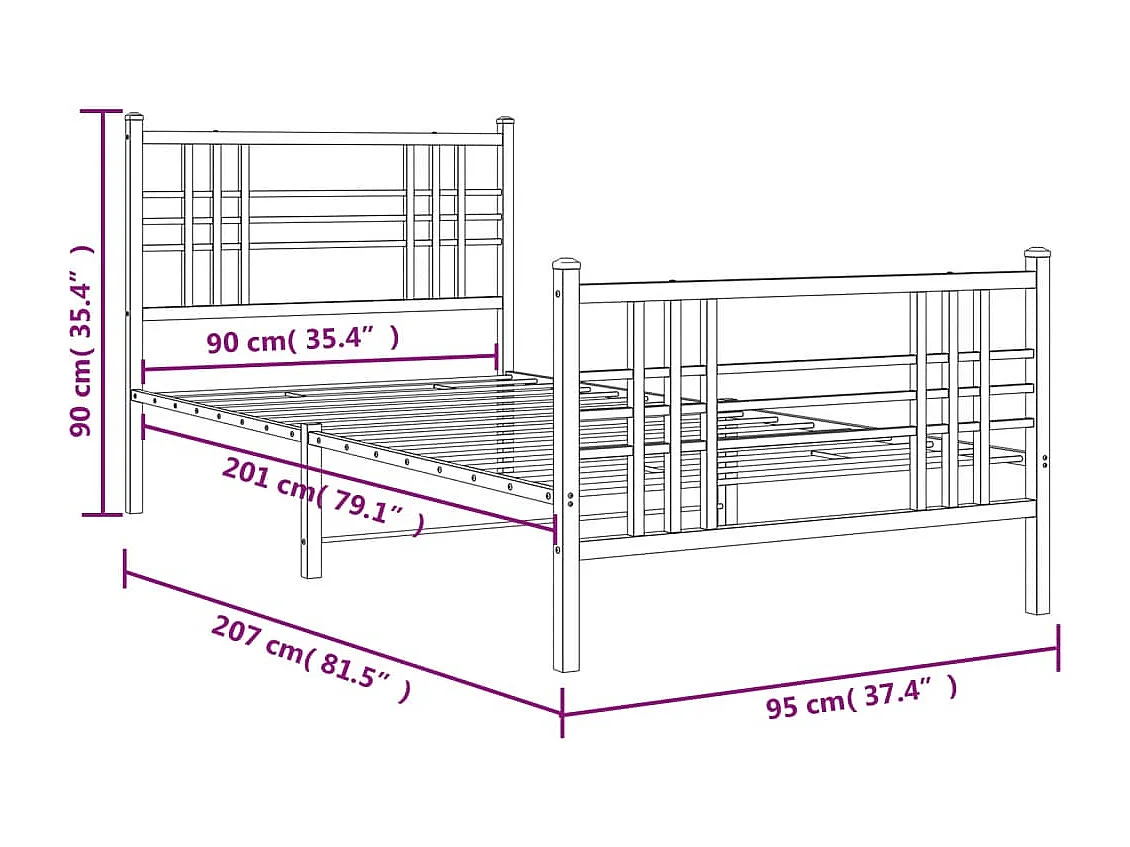 Cadre de lit métal sans matelas avec pied de lit blanc 90x200cm