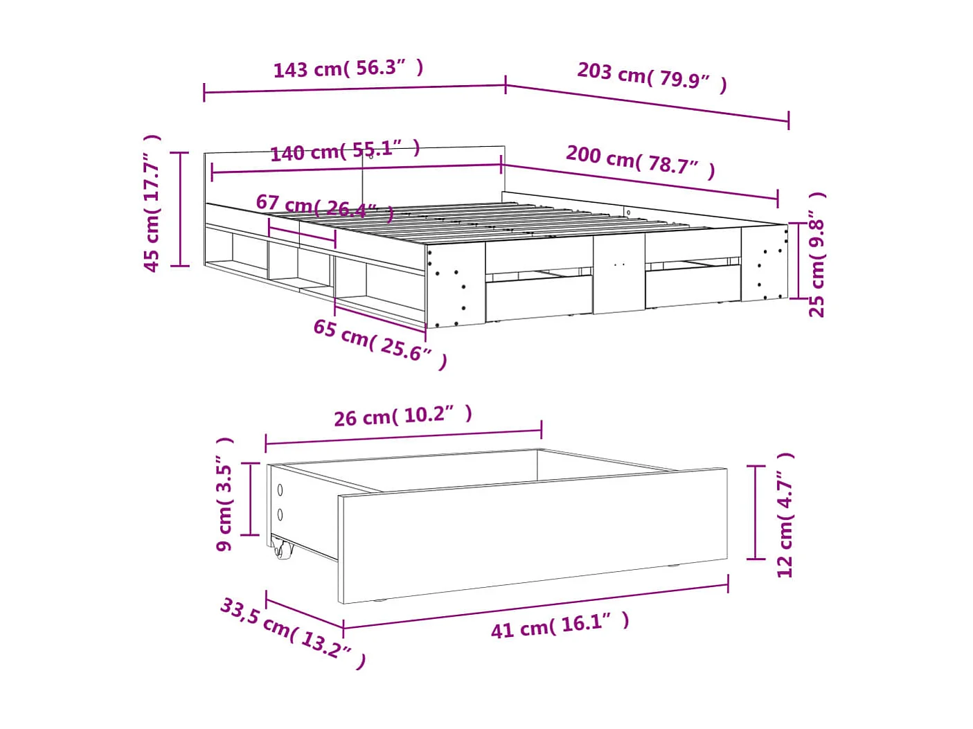 Bettgestell mit Schubladen Betongrau 140x200 cm Holzwerkstoff