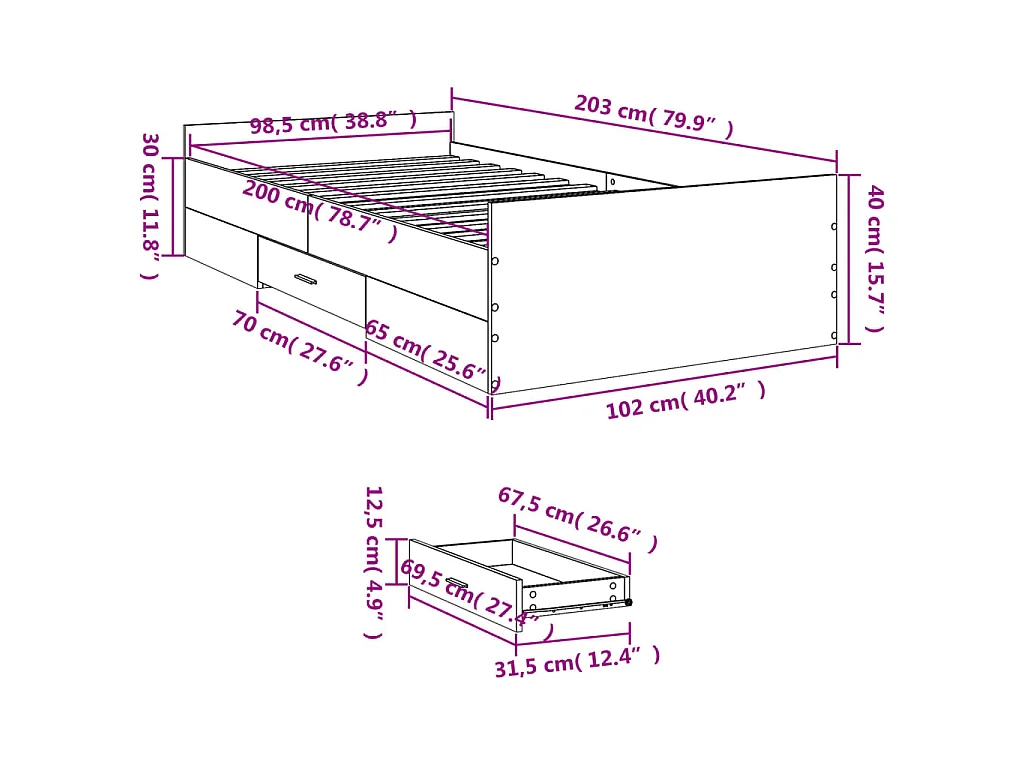 Cadre de lit avec tiroirs sans matelas blanc 100x200 cm