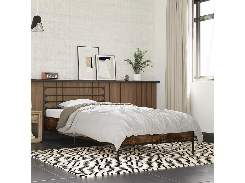 Bedframe bewerkt hout en metaal gerookt eikenkleurig 75x190 cm