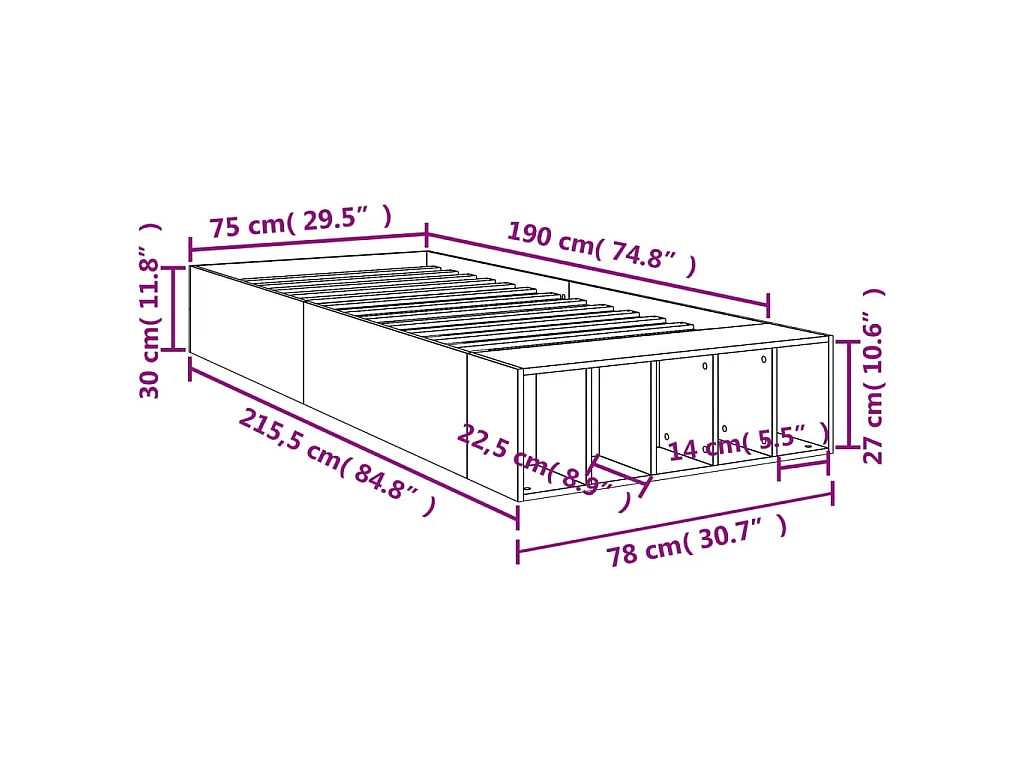 Bedframe bewerkt hout wit 75x190 cm