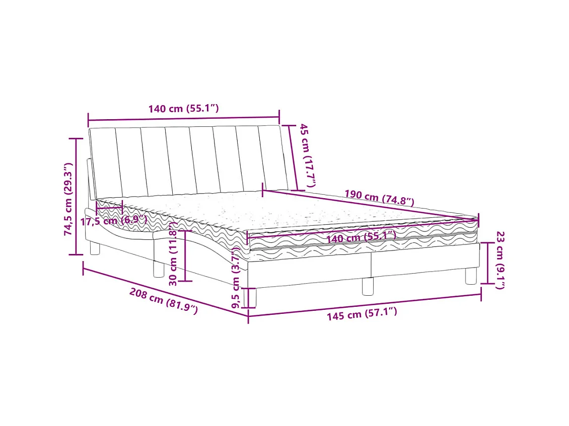 Lit avec matelas gris clair 140x190 cm velours