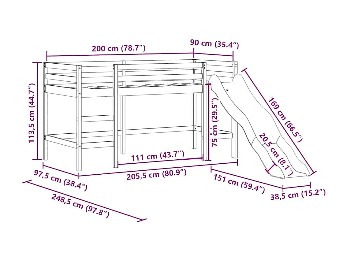 Cama alta p/ criança c/ escorrega 90x200 cm pinho maciço branco