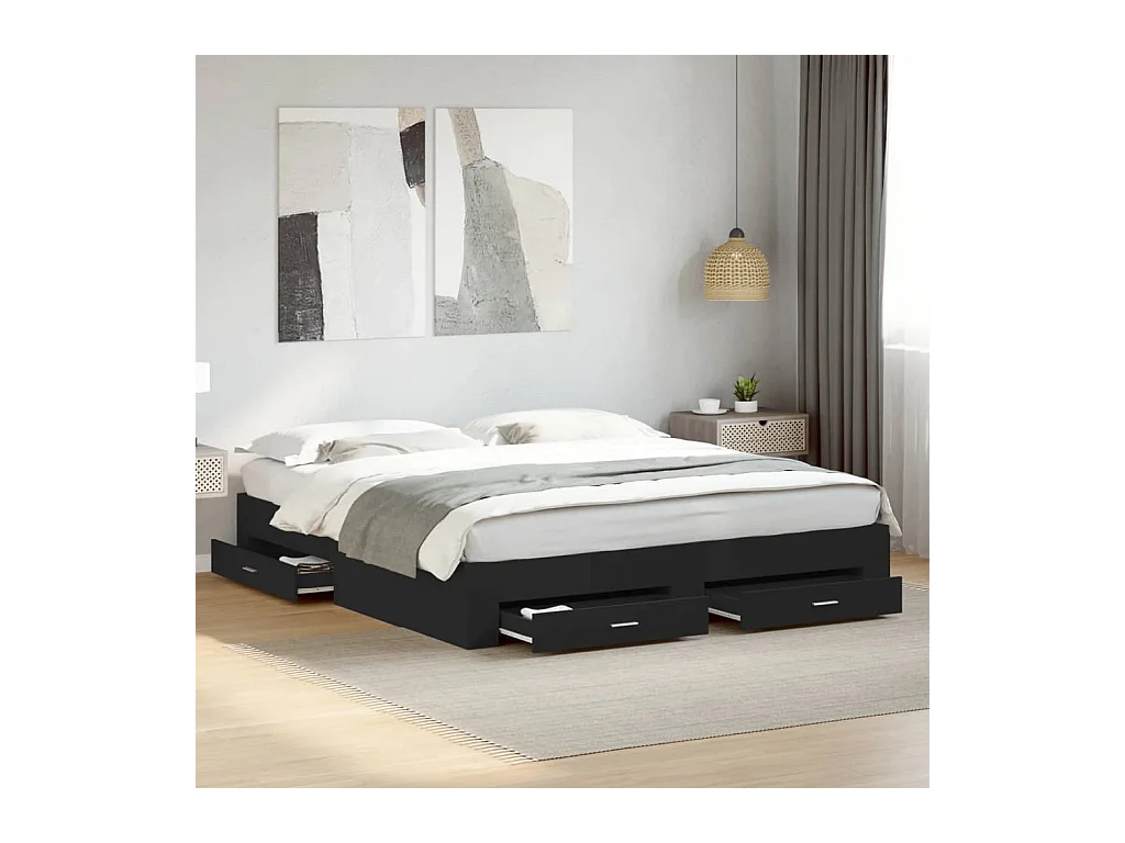 Cadre de lit avec tiroirs sans matelas noir 180x200 cm