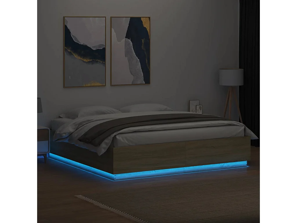 Bettgestell mit LED Sonoma-Eiche 200x200 cm Holzwerkstoff