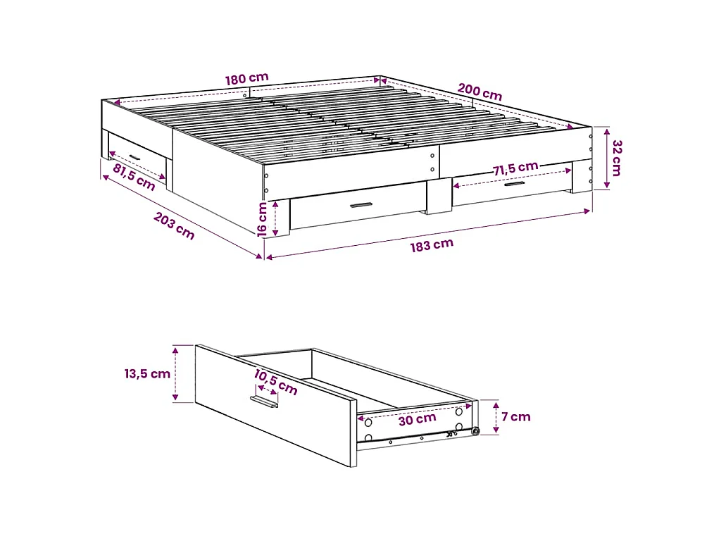 Bedframe met lades bewerkt hout wit 180x200 cm