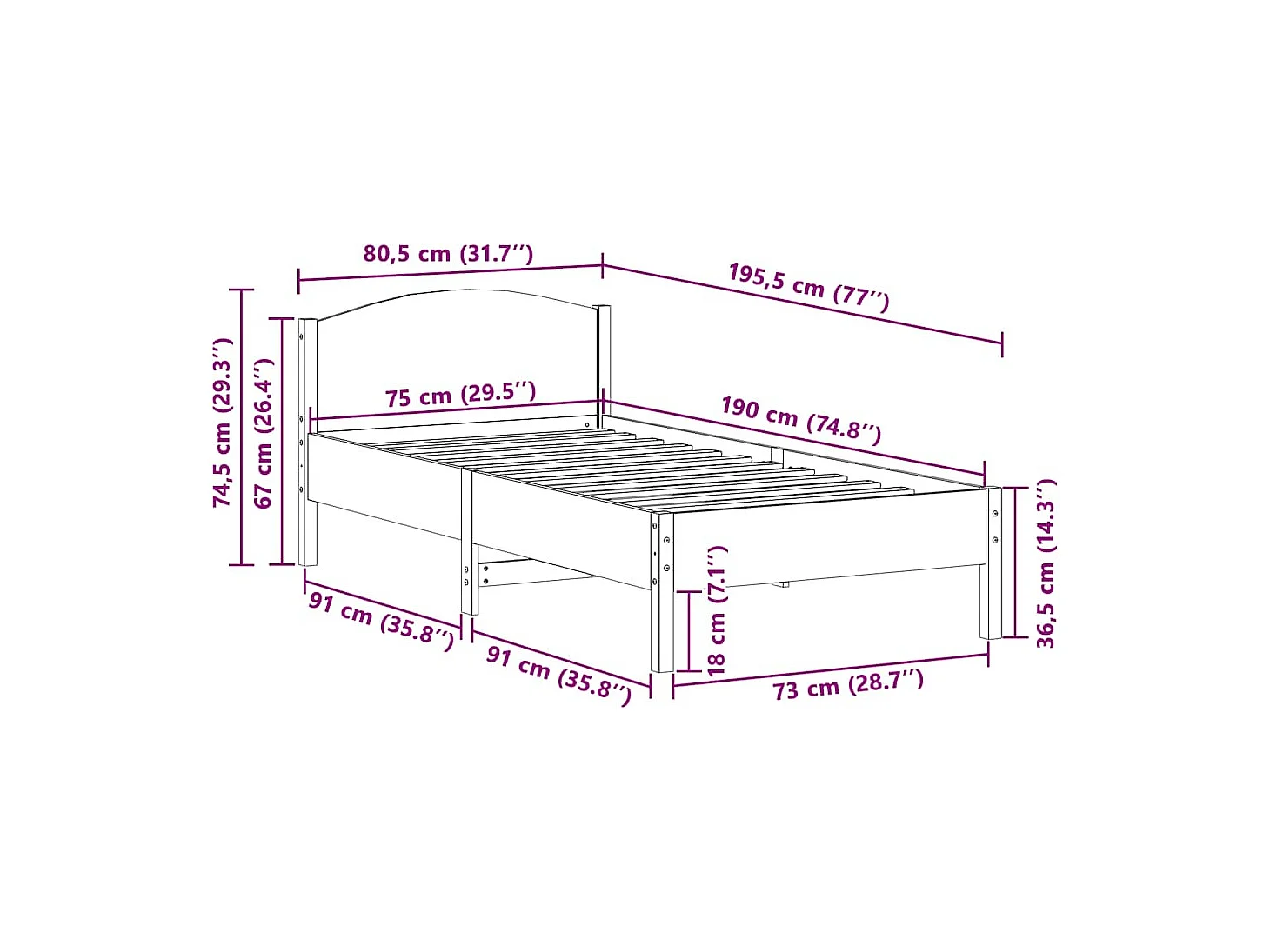 Cadre de lit sans matelas cire marron 75x190 cm bois pin massif