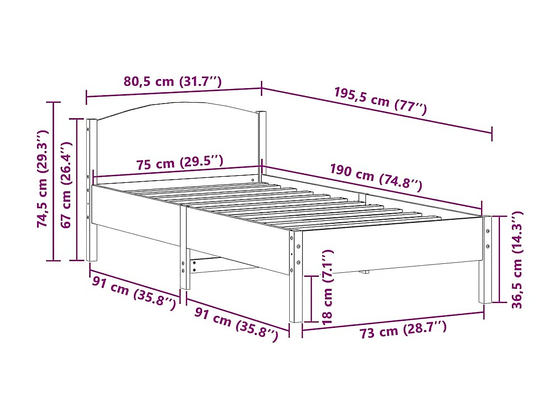 Cadre de lit sans matelas cire marron 75x190 cm bois pin massif
