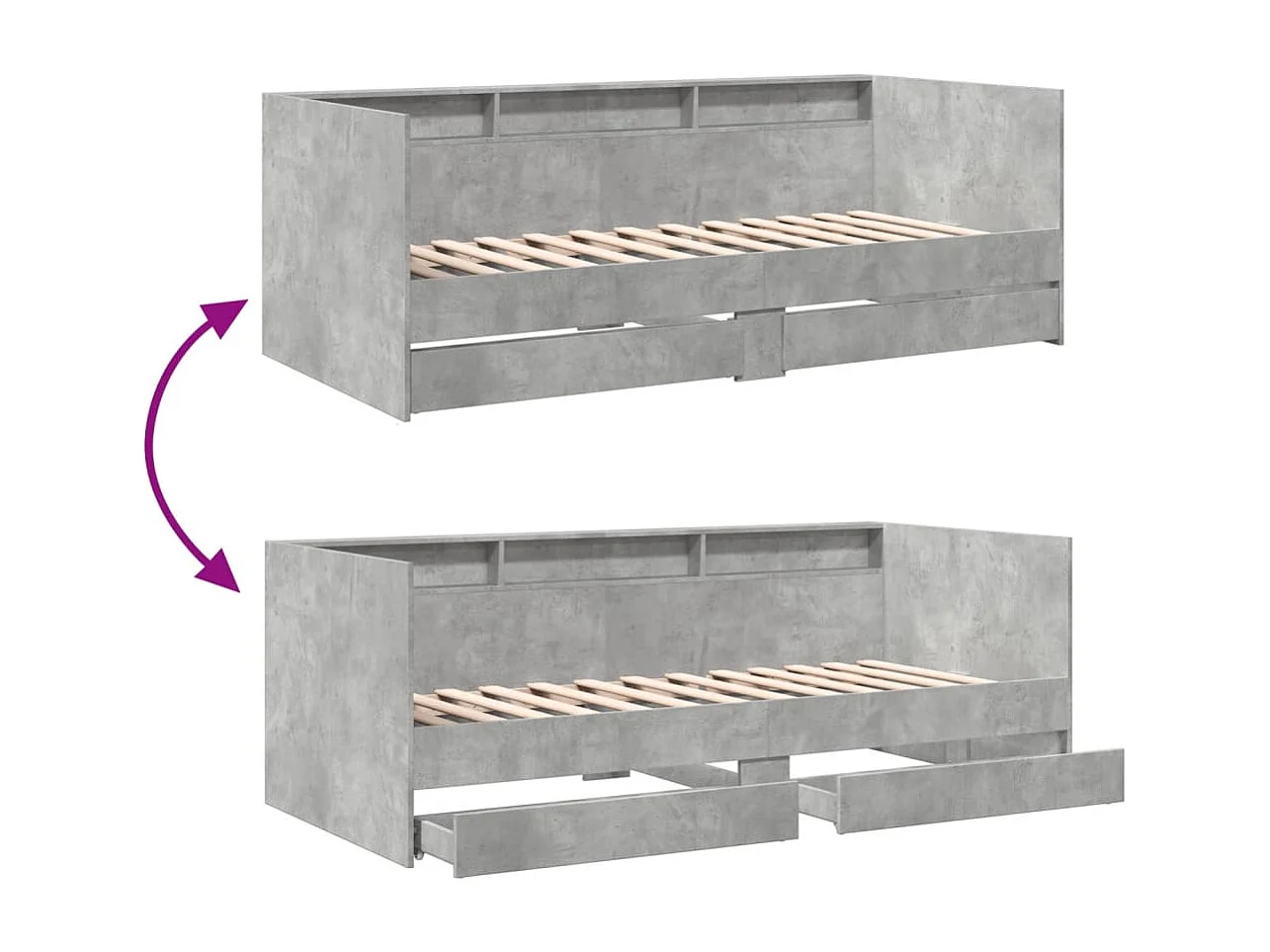 Lit de jour avec tiroirs sans matelas gris béton 100x200 cm