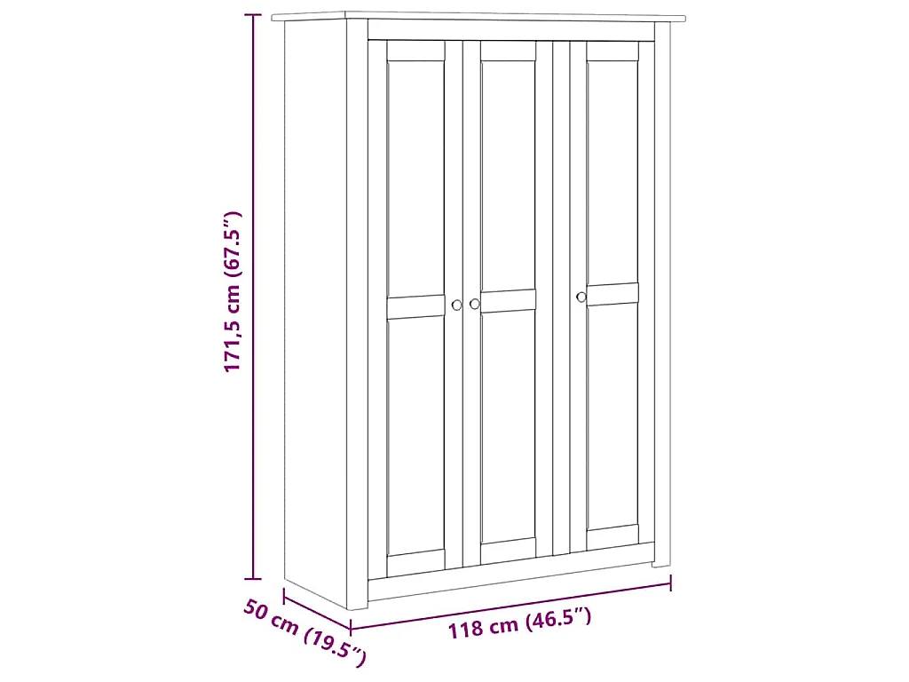 Kleiderschrank 3-Türig Grau 118×50×171,5 cm Kiefer Panama Serie